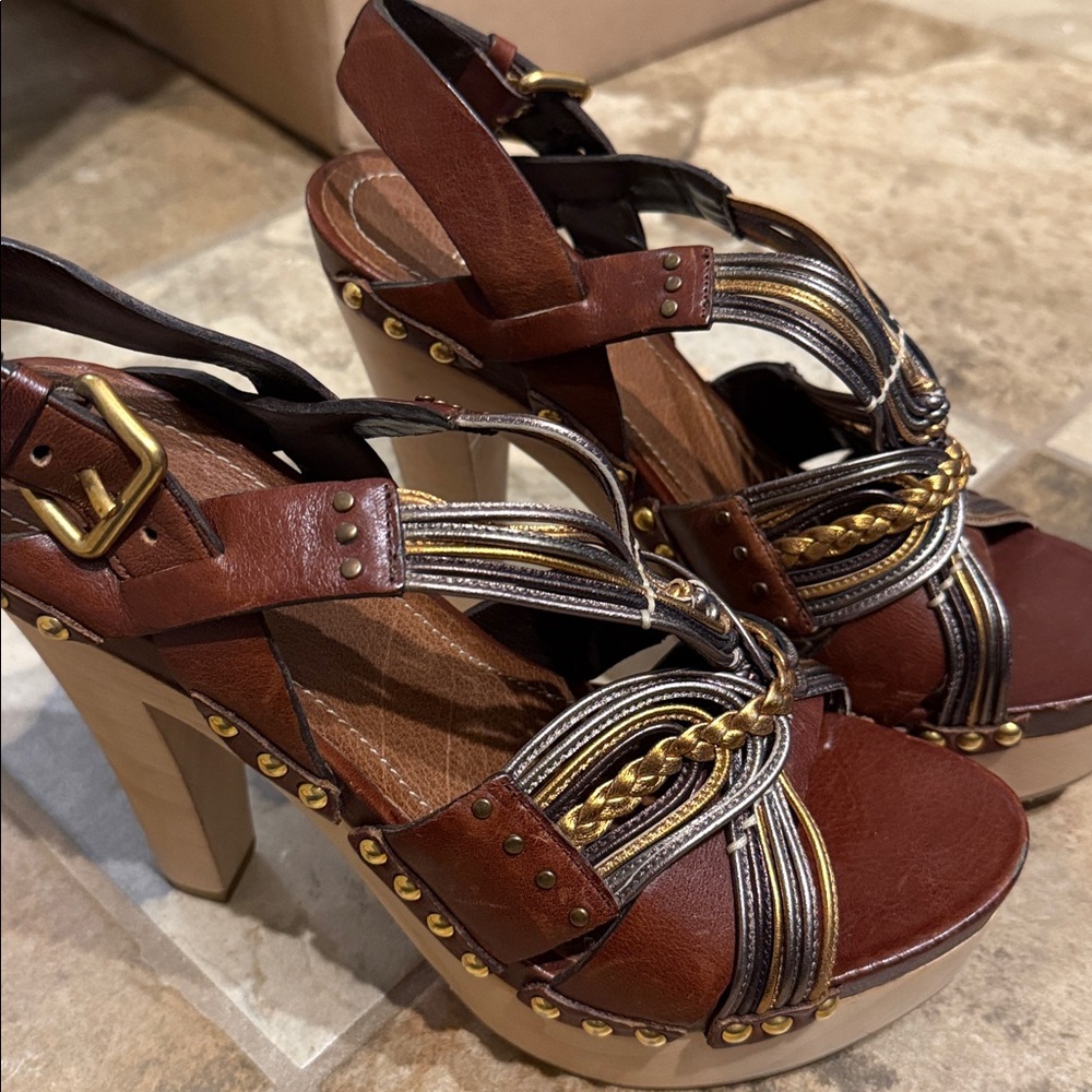 Miu Miu Brown and Gold Strappy Heels Vintage